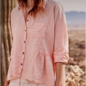 Holding Horses Anthropologie Pink Linen Hi Lo Button Down Top Size Small